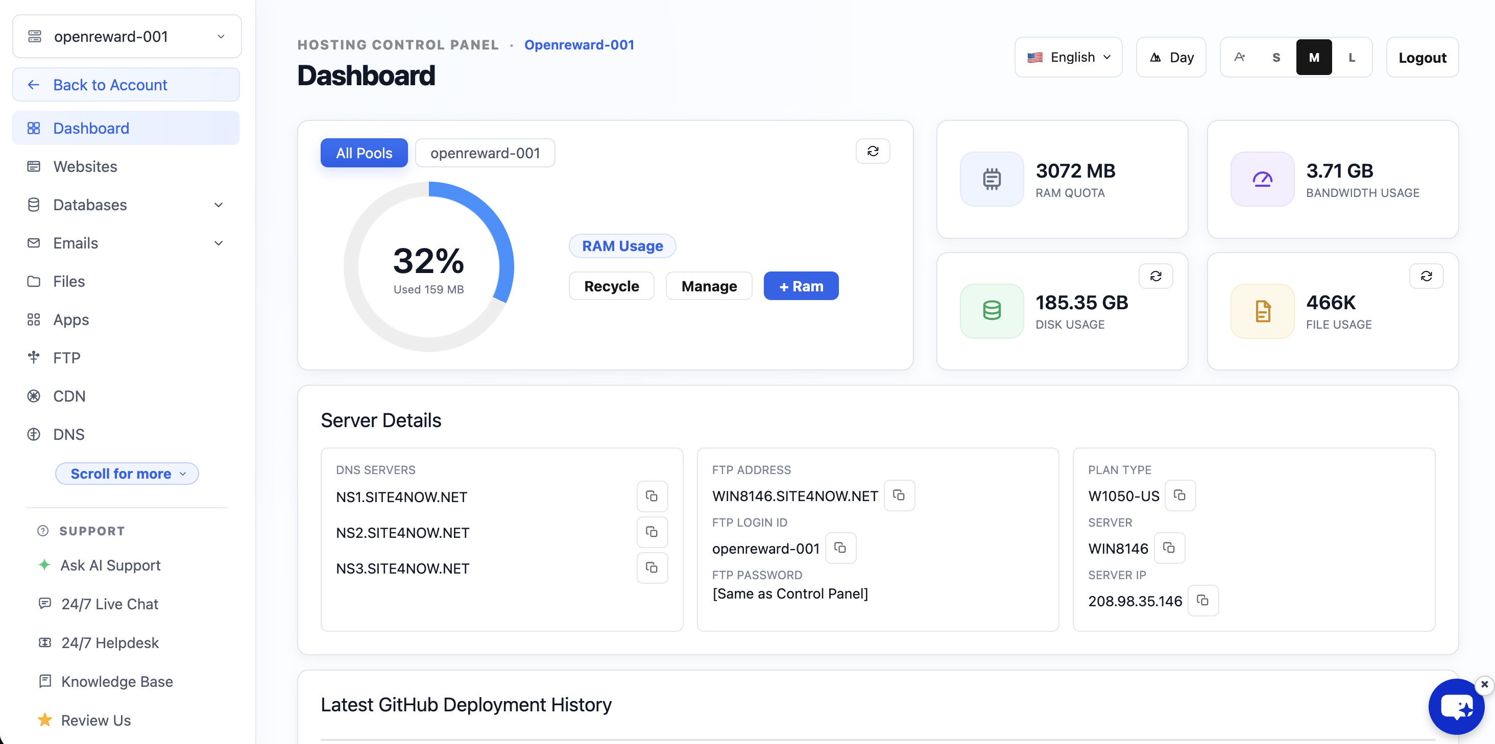 myASP.NET Hosting Control Panel dashboard