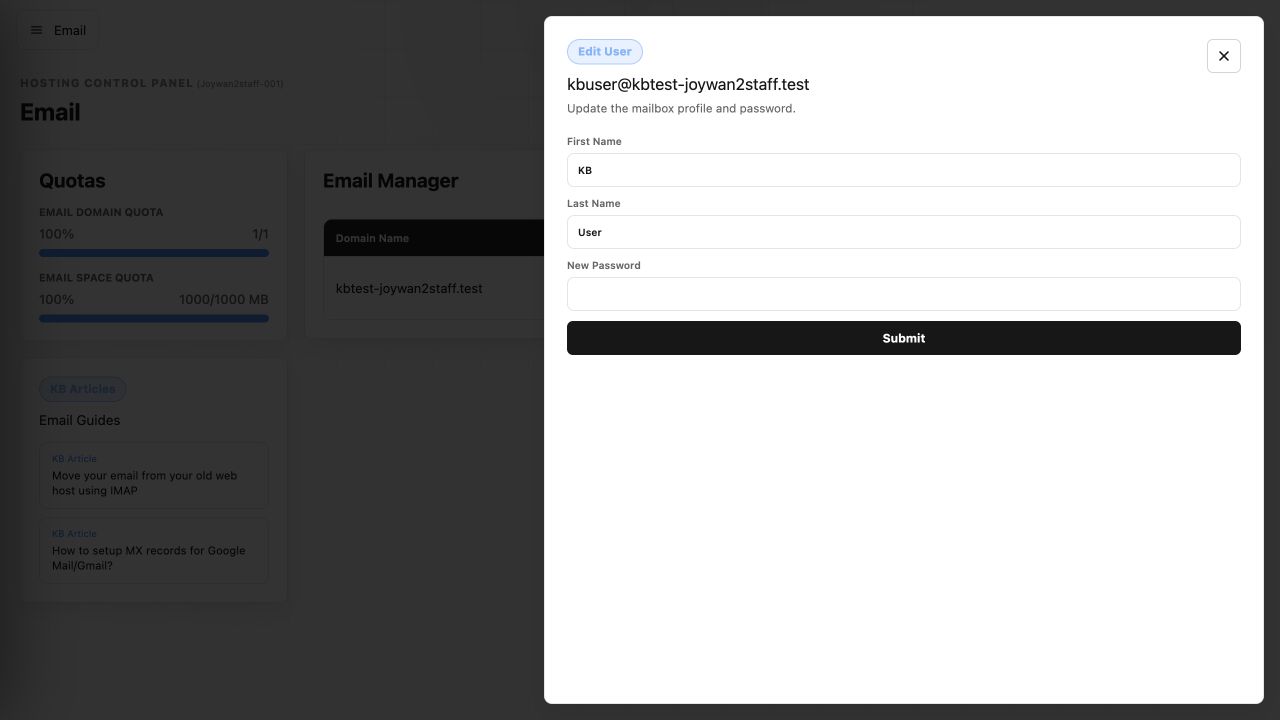 Edit mailbox password form in the current Control Panel